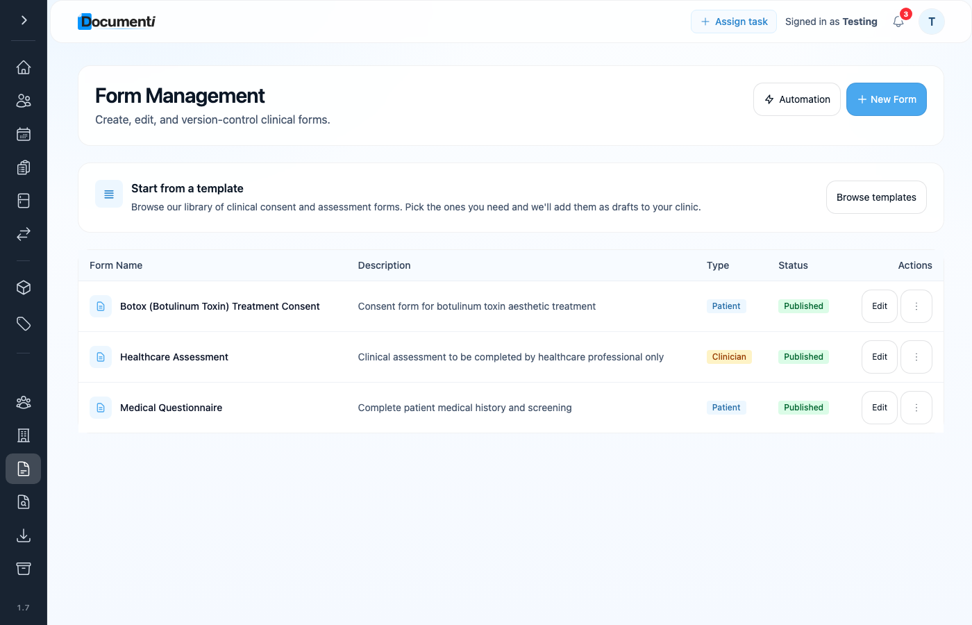 Documenti Form Management page with Automation link highlighted